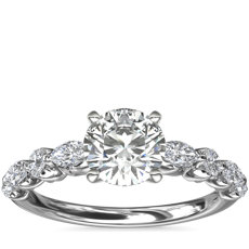 新款 14k 白金懸浮欖尖形與圓形鑽石訂婚戒指 （2/5 克拉總重量）